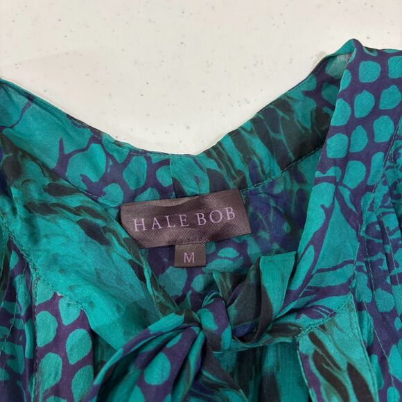 Hale Bob SILK Blouse sz M Animal Print Green Neck Tie Mermaidcore Dark Fairy - Picture 7 of 9